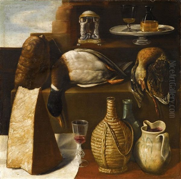 Still Life With Fowl, Cheese And A Wine Jug Oil Painting by Paolo Antonio Barbieri