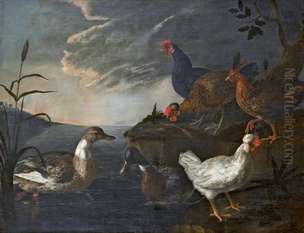 Canards, Poules Et Coqs Dans Un Paysage Lacustre Oil Painting by Paolo Antonio Barbieri