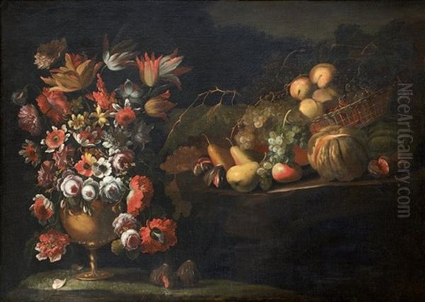 Nature Morte Au Vase De Fleurs Et Corbeille De Pommes, Raisins, Poires, Melon, Figues Dans Un Paysage Oil Painting by Paolo Antonio Barbieri