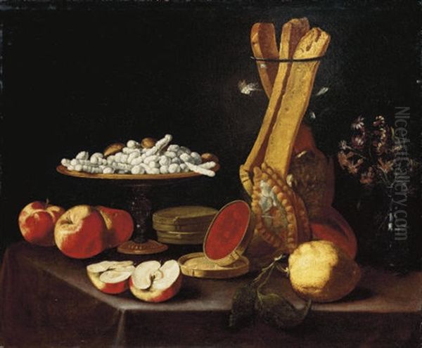 Sweets On A Tazza, Narcissi In A Glass Vase, Breadsticks In A Jar, And Apples, Jelly And A Lemon Oil Painting by Paolo Antonio Barbieri