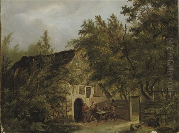 Peasants Outside A Cottage In A Wooded Landscape Oil Painting by Pieter Barbiers the Elder