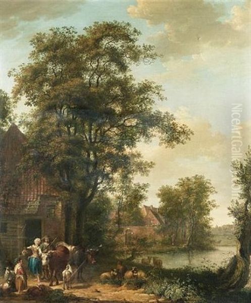 A Milkmaid And Goatherd With A Young Girl And Their Livestock Outside A Cottage, A River, A Village And A Meadow Beyond Oil Painting by Pieter Barbiers the Elder