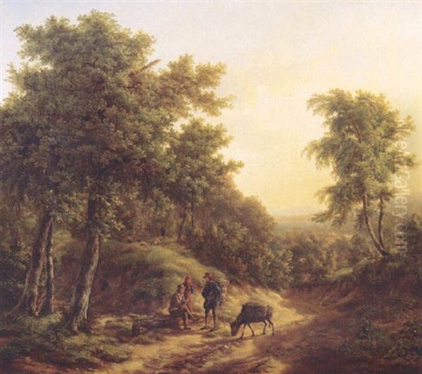 Travellers Resting On A Sandy Track In A Mountainous Landscape Oil Painting by Pieter Barbiers the Younger