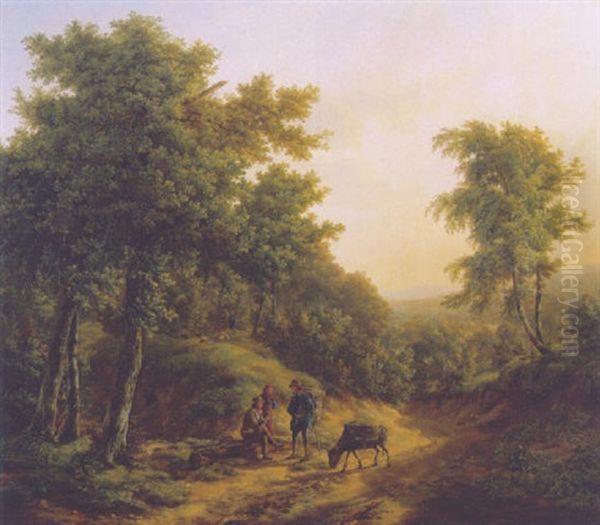 Travellers Resting On A Sandy Track In A Mountainous Landscape Oil Painting by Pieter Barbiers the Younger