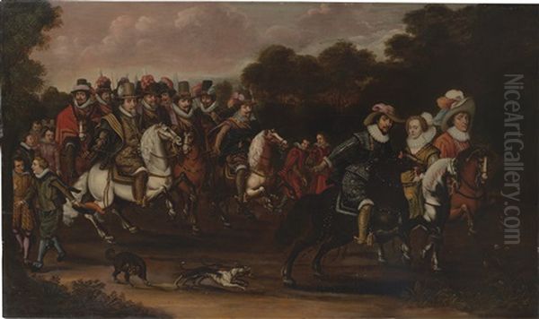 A Cavalcade Of The Princes Of Oranje-nassau And Their Family, With The Winter King And Queen, And The Duke Of Braunschweig, All Riding In A Wooded Landscape by Pietersz (Pieter) Barbiers