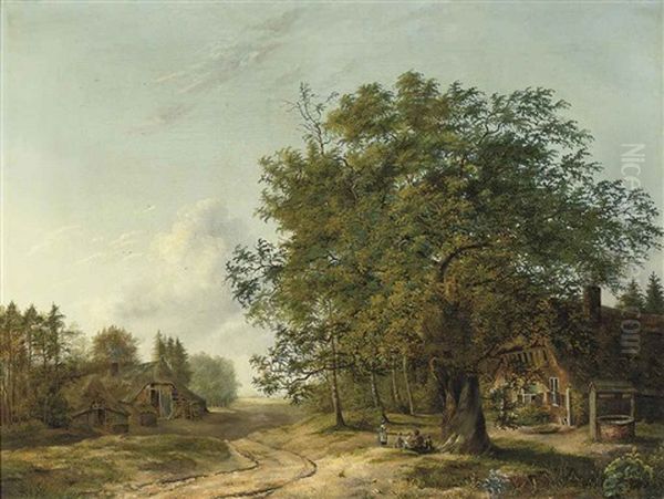 A Wooded Landscape With Children Playing Near A Cottage Oil Painting by Pietersz (Pieter) Barbiers