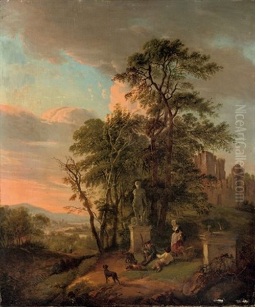 An Italianate River Landscape With Figures Resting Near A Classical Sculpture, Ruins In The Background by Pietersz (Pieter) Barbiers