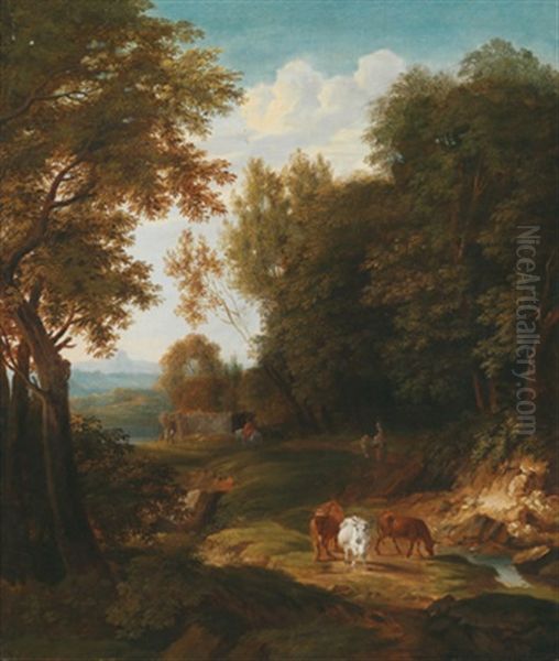 Bewaldete Landschaft Mit Kuhen, Reisenden Und Hirten Auf Einem Pfad Oil Painting by Pietersz (Pieter) Barbiers