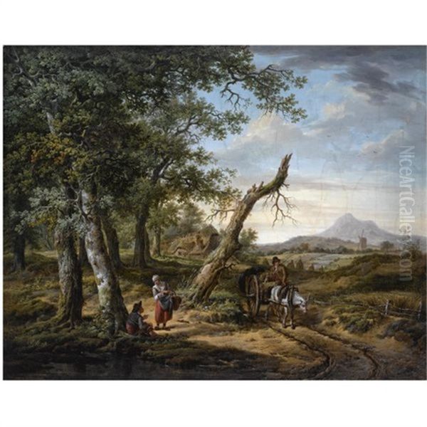 A Wooded, Hilly Landscape With A Farmer On A Horse-drawn Cart On A Muddy Path, Peasants Resting Nearby, A Farmhouse Beyond Oil Painting by Pietersz (Pieter) Barbiers