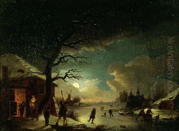 Scene De Patinage Sur Une Riviere Gelee Au Clair De Lune Oil Painting by Pietersz (Pieter) Barbiers