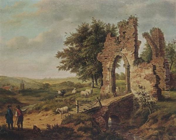 A Landscape With An Artist Conversing With A Shepherd, His Flock Grazing Nearby Amongst Ruins, A View Of A Hamlet Beyond Oil Painting by Pietersz (Pieter) Barbiers