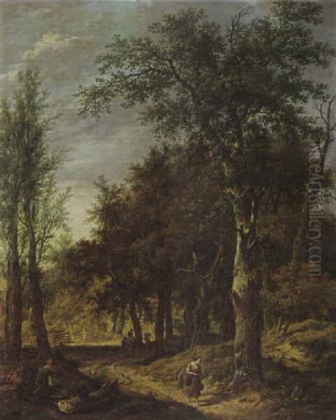 A Wooded Landscape With A Woodcutter Resting On A Stump And Figures On A Path Oil Painting by Pietersz (Pieter) Barbiers