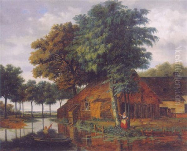 A Peasant Woman By A Farm, A Fisherman In A Rowing Boat Nearby Oil Painting by Pietersz (Pieter) Barbiers