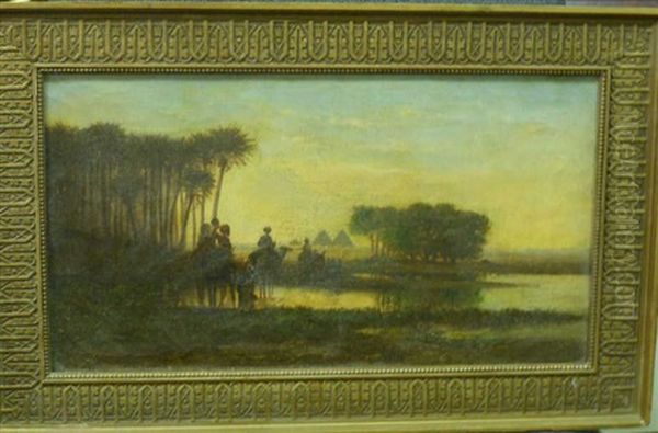 Orientalist Scene With Arabs On Camelback Near A Pond, Distant Desert Landscape Oil Painting by Prosper Barbot