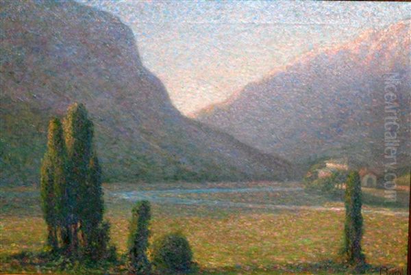 Paesaggio Divisionista Con Vallata E Pioppi Oil Painting by Annunzio Barchi