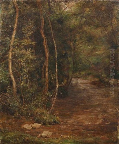 A Woodland Stream, With Ducks To The Foreground Oil Painting by Edgar Barclay