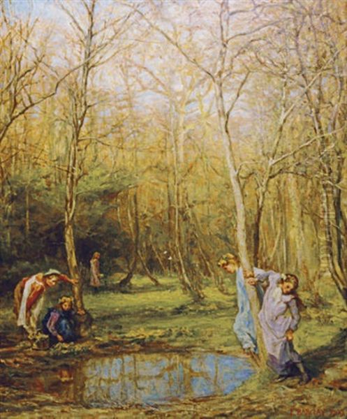 Kingcups - Girls In A Forest In Springtime by Edgar Barclay