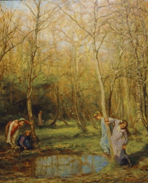 Kingcups - Girls In A Forest In Springtime Oil Painting by Edgar Barclay