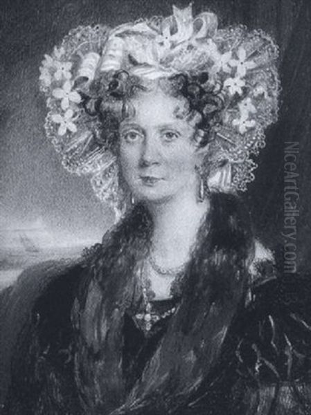 Mrs Gideon Newland Wearing Black Dress With Lace Trim, Fur Stole, White Lace Bonnet With Ribbons And Flowers, Gold Necklace And Pendant Earrings Oil Painting by Hugh William Barclay