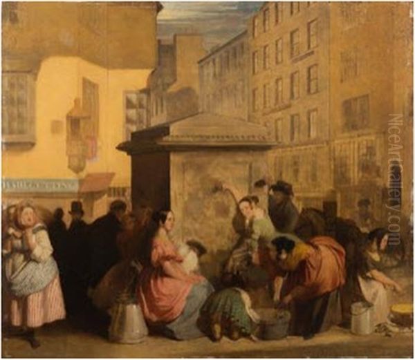 The Public Pump, Possibly Edinburgh Oil Painting by John MacLaren Barclay