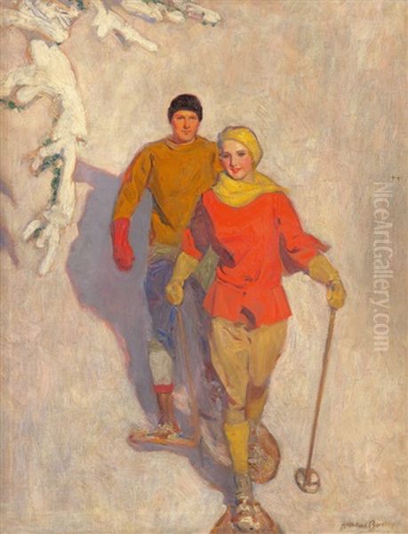 Couple Wearing Snowshoes Oil Painting by Mcclelland Barclay