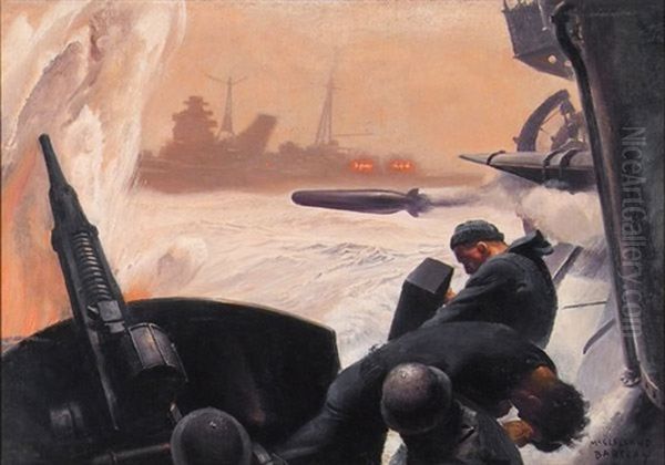 Men Firing Torpedo From Destroyer Oil Painting by Mcclelland Barclay