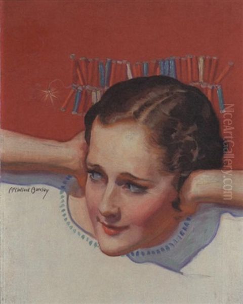 Young Woman Covering Her Ears, String Of Firecrackers Oil Painting by Mcclelland Barclay