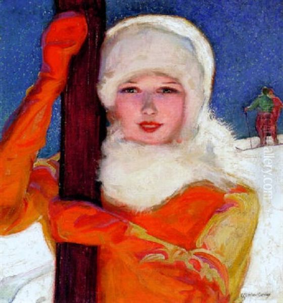 Beautiful Woman Skier Pauses On The Slopes Oil Painting by Mcclelland Barclay