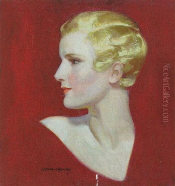 Profile Of Blond, Short-haired Woman, Red Background Oil Painting by Mcclelland Barclay