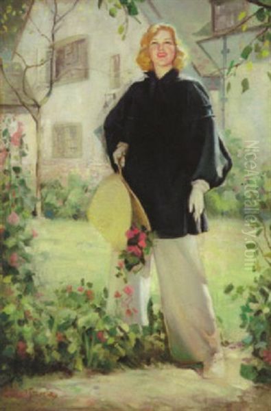 Young Woman Pausing In The Garden Oil Painting by Mcclelland Barclay