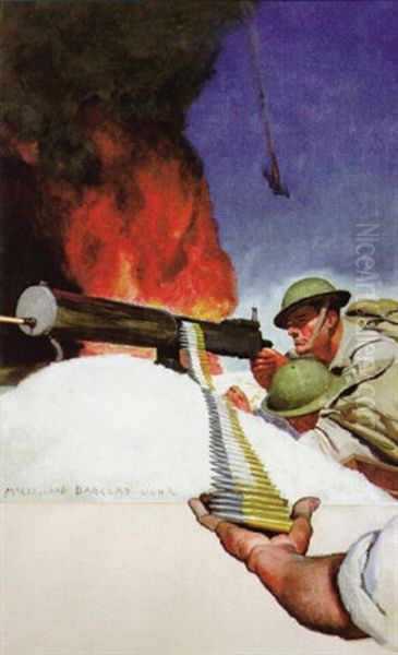 Soldiers Firing Machine Gun, Civilian Hand Holding Bullets Oil Painting by Mcclelland Barclay