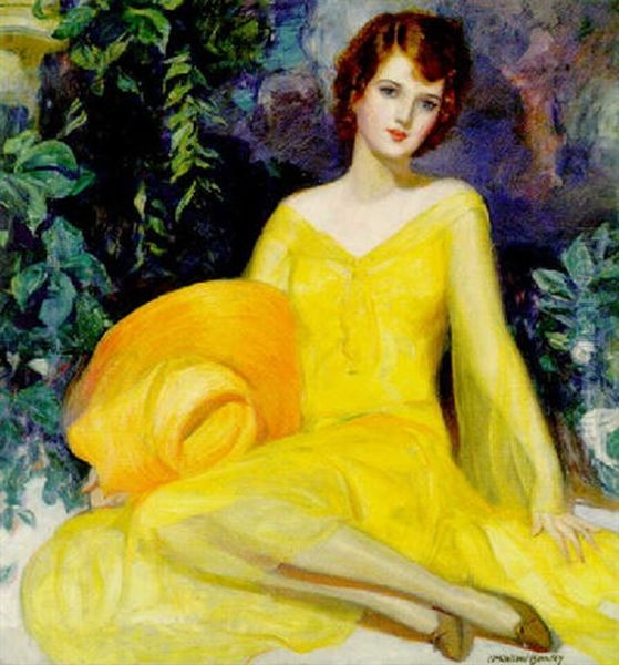 Seated With Yellow Dress And Orange Hat Oil Painting by Mcclelland Barclay