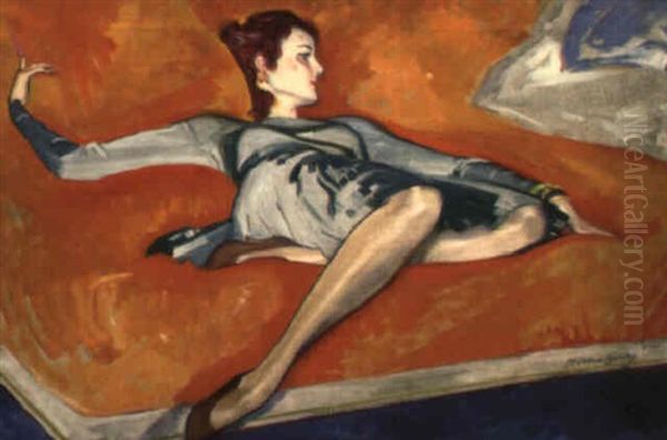 Langourous Woman On Orange Bed Oil Painting by Mcclelland Barclay