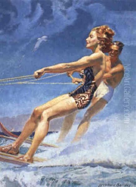 Couple Waterskiing Oil Painting by Mcclelland Barclay