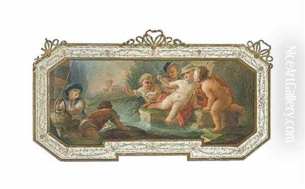 Putti Fishing On A River Bank Oil Painting by Pietro Bardellino