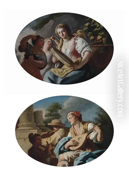 A Young Lady Playing A Tambourine, With Two Women Playing The Castanets (+ A Young Man Playing The Mandolin (a Pair) Oil Painting by Pietro Bardellino