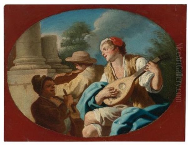 A Young Lady Playing A Tambourine With Two Girls Playing The Castanets (+ A Young Man Playing The Lute With Others Playing A Violin And A Rommelpot; Pair) Oil Painting by Pietro Bardellino