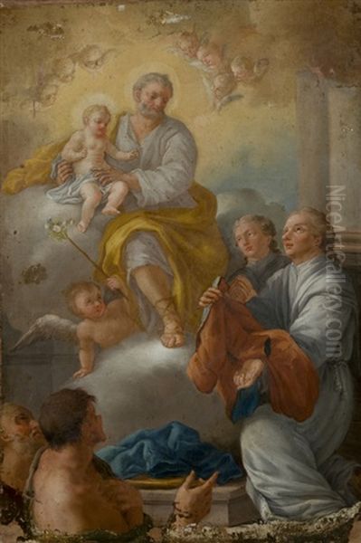 San Giuseppe Con Il Bambino Appaiono Ad Un Devoto (saint Joseph With The Child Appearing To A Devotee) Oil Painting by Pietro Bardellino