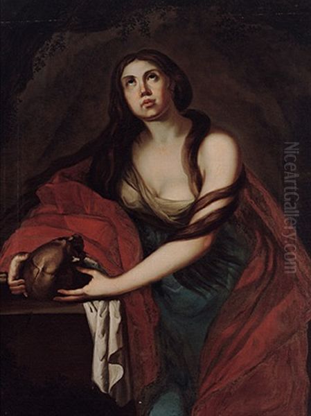 Magdalena Mit Memento Mori In Ihrer Felsnische Oil Painting by Pietro Bardellino