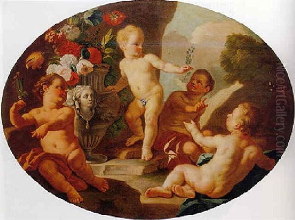 Putti In A Garden With Flowers Oil Painting by Pietro Bardellino