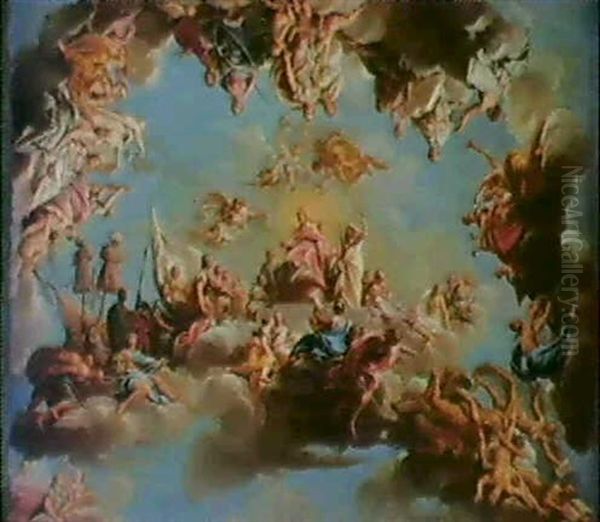 A Modello For A Ceiling Decoration; Soldiers Paying Homage  To A Bishop Seated On High Whilst Thor Repels Fallen Souls.. Oil Painting by Pietro Bardellino