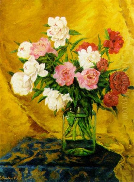 Peonies In A Glass Vase Oil Painting by Arpad Bardoz