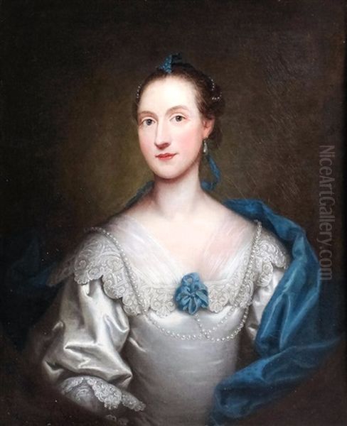 Half Length Portrait Of A Woman In A White Satin Dress Oil Painting by Thomas Bardwell