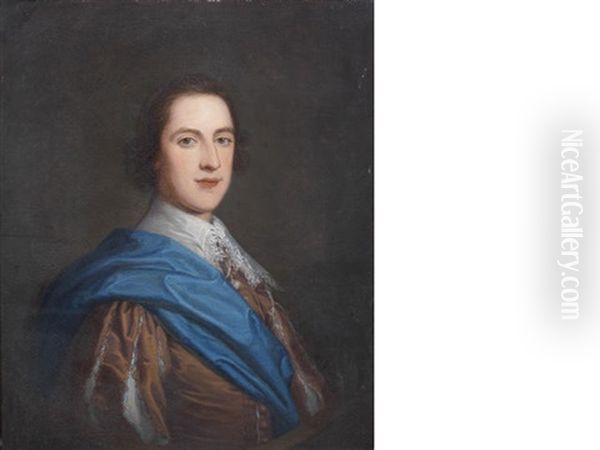 Portrait Of A Gentleman, Half-length, In A Burgundy Coat And Blue Sash (+ Portrait Of A Lady, Half-length, In A Burgundy Dress And Blue Sash, Before An Open Landscape; Pair) Oil Painting by Thomas Bardwell