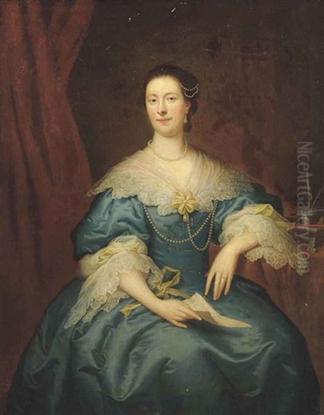 Portrait Of A Lady, Seated, Three-quarter-length, In A Blue Dress With Lace, And Holding A Letter Oil Painting by Thomas Bardwell