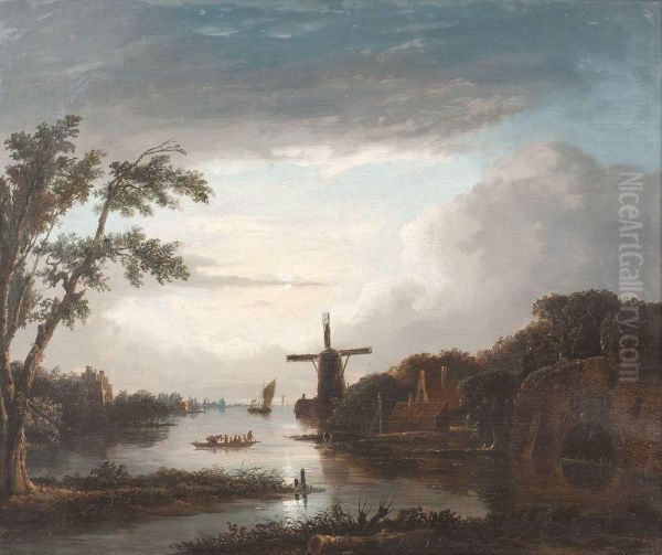 Abendlandschaft Mit Hollandischem Dorf Und Windmuhle Oil Painting by Maigret Jacobus Adianus