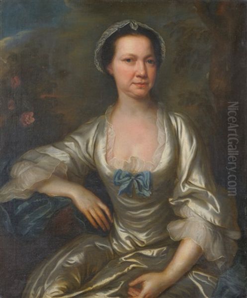 Portrait Of Mrs Moore, Seated Wearing A Cream Satin Dress Oil Painting by Thomas Bardwell