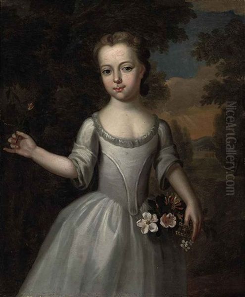 Portrait Of A Young Girl In A Grey Dress With A Basket Of Flowers In A Landscape Oil Painting by Thomas Bardwell