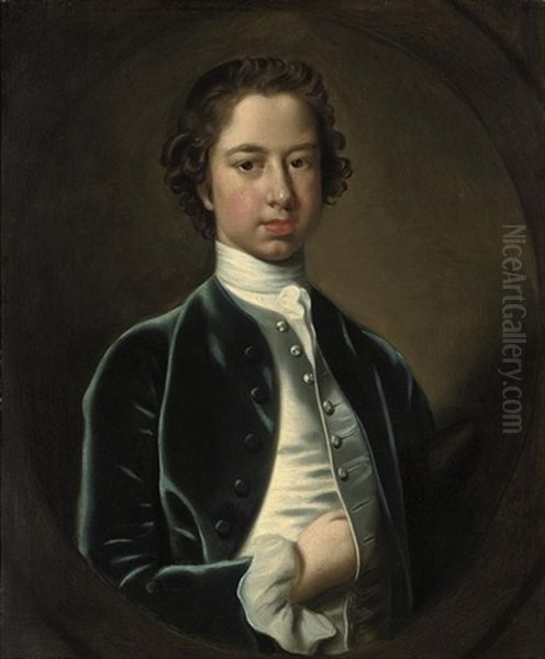 Portrait Of A Boy In A Blue Velvet Coat With A Grey Waistcoat And White Cravat Oil Painting by Thomas Bardwell