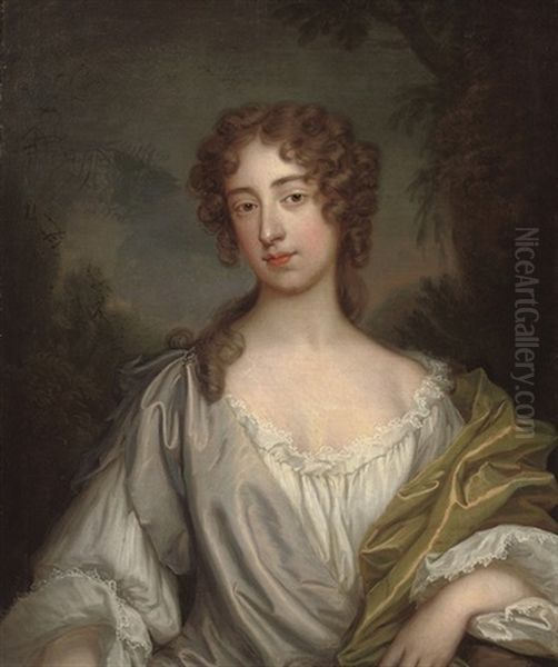 Portrait Of A Lady, In A Mauve Dress And White Chemise Oil Painting by Thomas Bardwell